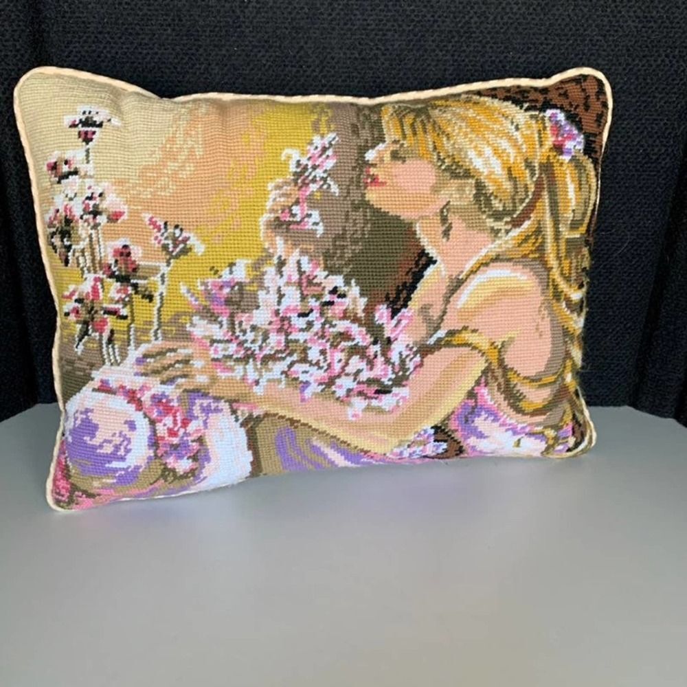Vintage Needlepoint  Pillow. 16x12 Young Woman Enjoying Pink Flowers  Absolutely